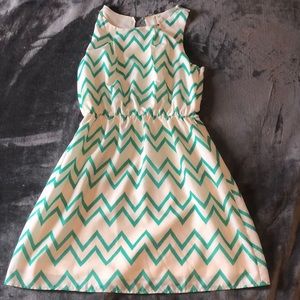 Chevron pattern teal and cream dress